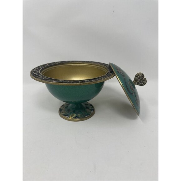 Vintage Israeli Turquoise & Brass Decorative Bowl w/ Lid Heart Handle - Picture 2 of 8